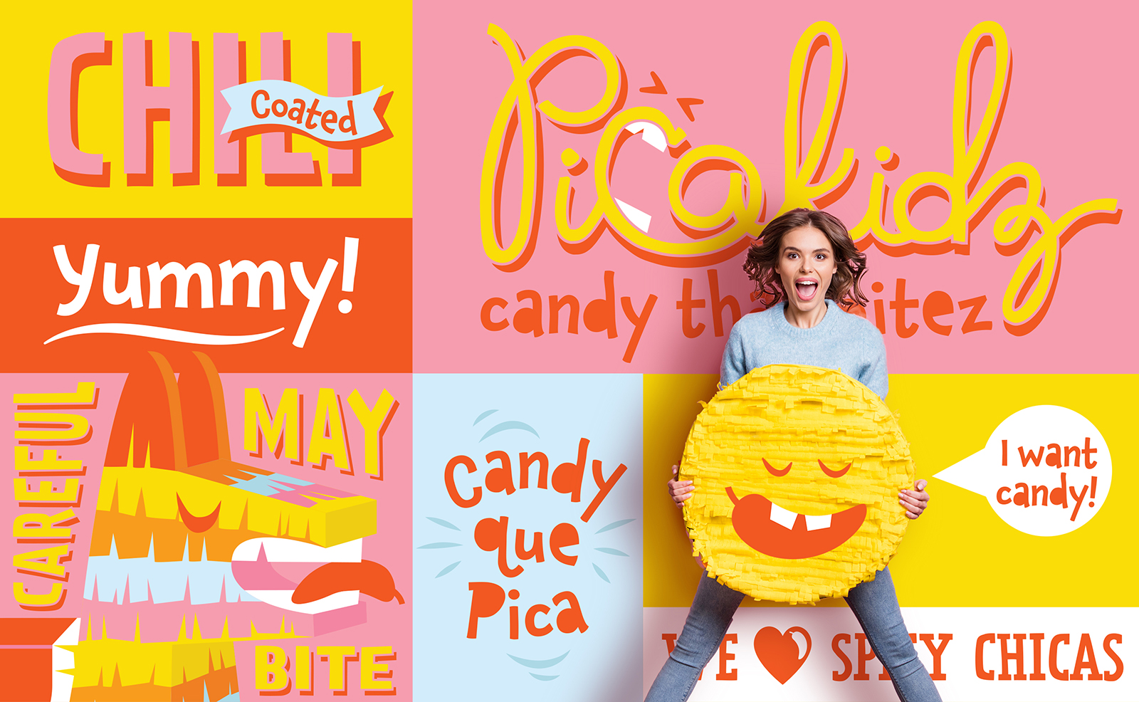 Happy Young Woman jumping holding Picakidz Candy Smiley face