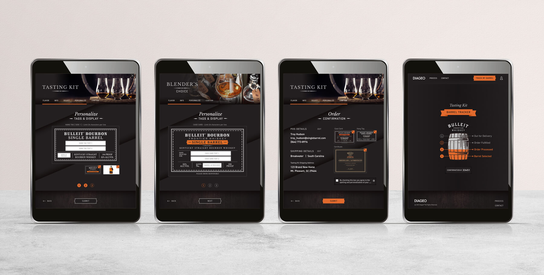 Bulleit Bourbon Single Barrel POS Digital Product Design - Tablet. MVP app design for beverage alcohol brands